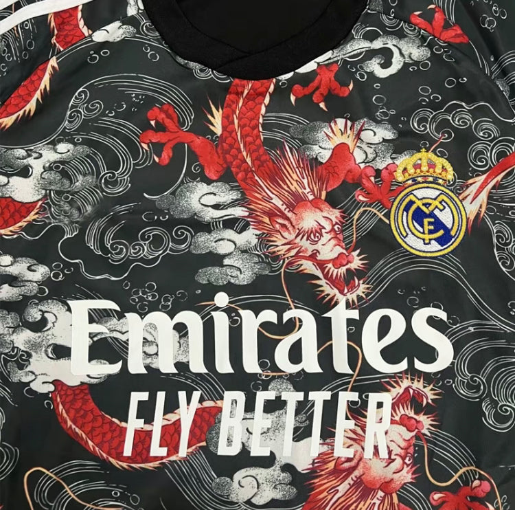 Real madrid red , white and black dragon retro kit