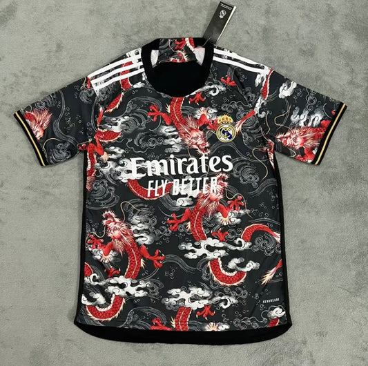 Real madrid red , white and black dragon retro kit